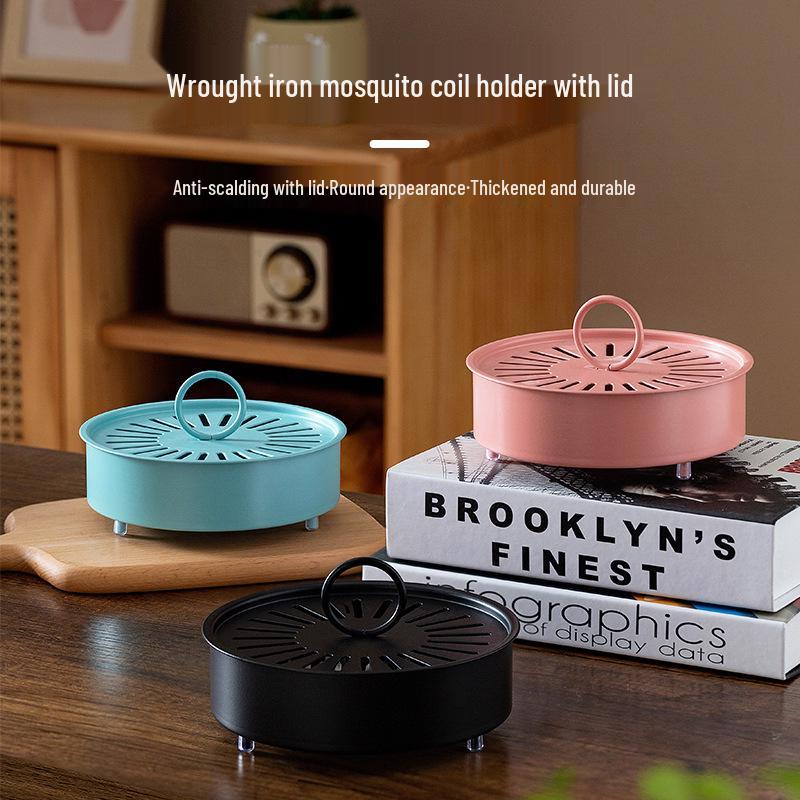 Fireproof Wrought Iron Mosquito Coil Holder with Lid - Creative Carbon Steel Ash-Catcher