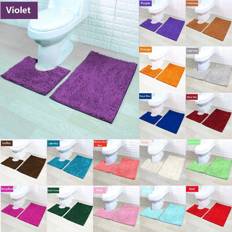 2 Piece Bath Mat Set Non Slip Toilet Pedestal Soft Foam Shaggy Rug Chenille