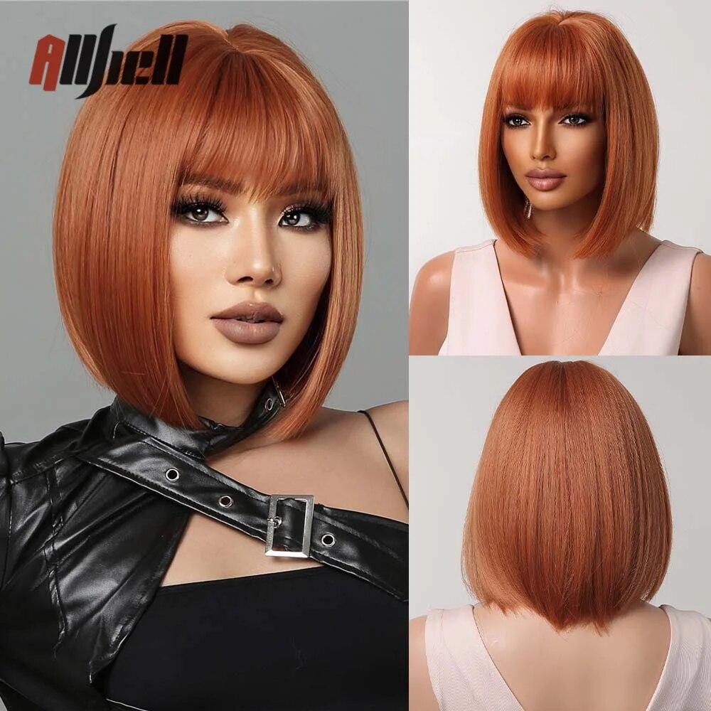 Shoulder Long Copper Ginger Wig Orange Synthetic Water Wave Wigs for Women Heat Resistant Daily Halloween Cosplay Wig with Bangs