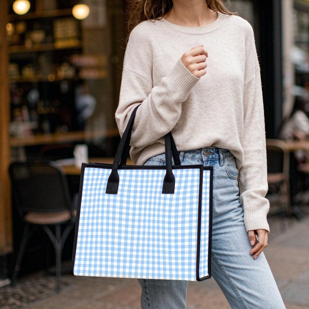 Blue Gingham Casual Tote Bag Large Capacity Daily Shoulder Handbag for Shopping Work Commute