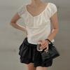 New ArrivalS Open Run Women S Lace Button Puff Sleeve Shirring blouSe