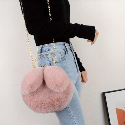 Cute Rabbit Ear Plush Chain Bag Women Fashionable Crossbody Phone Purse Versatile Single Shoulder Mini Handbag