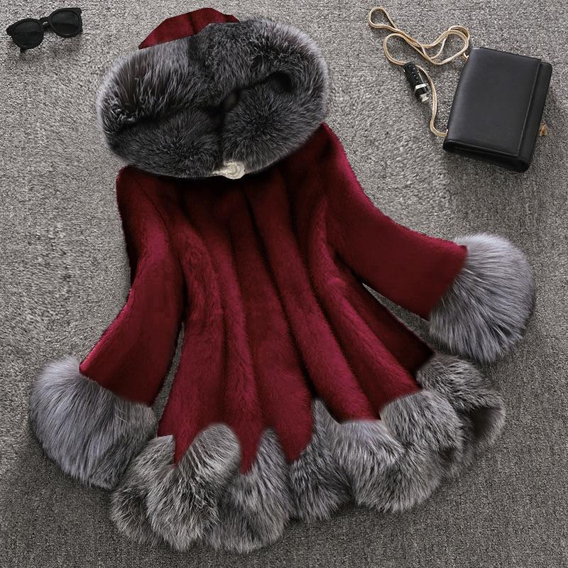 Aux Fur Coat Women Autumn and Winter Mink Coat Fox Fur Collar Hooded Jacket Plus Size 6XL Top Fur Female Christmas Clothes
