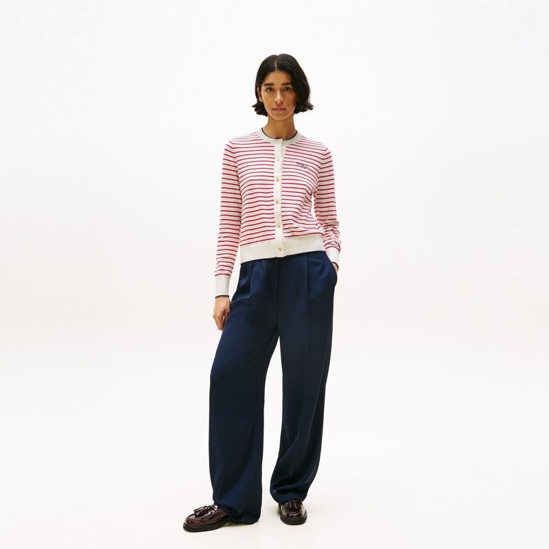 Tommy Hilfiger Striped Trim Cotton Commuter Crew Neck Cardigan Sweater Women sweater WW0WW46033