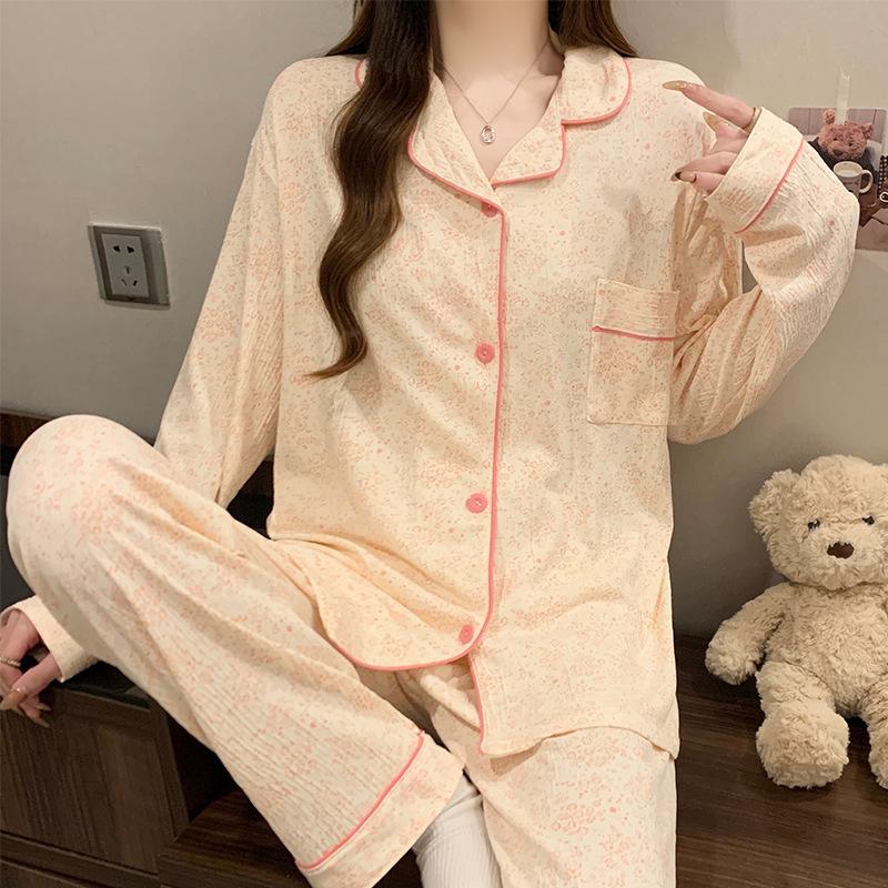 ins style girlish pajamas women's spring and autumn long-sleeved sweet bow full print casual loungewear set