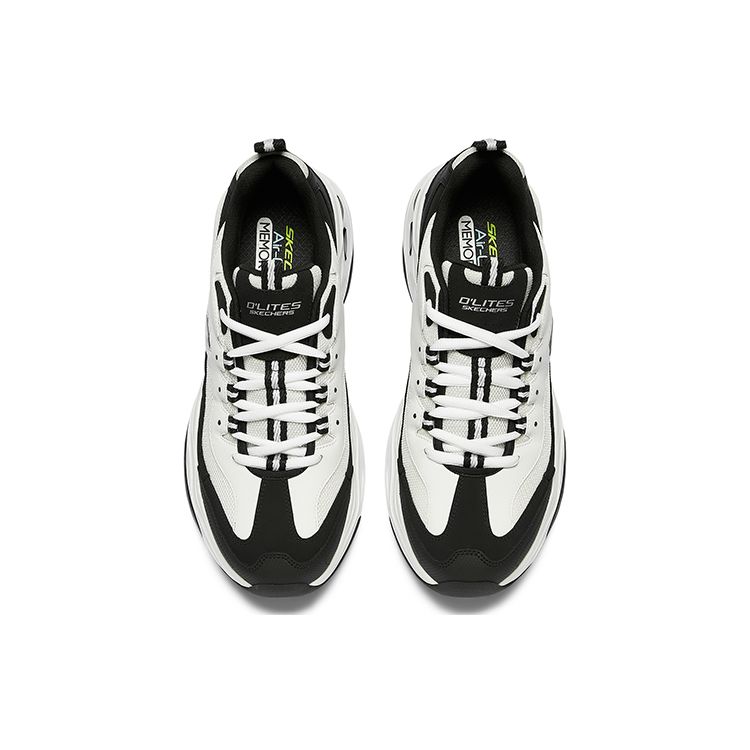 Skechers DLites Fabric Synthetic Leather Round Toe Lace-Up Low Top Dad Shoes Men Sneakers White Black 237226-WBK