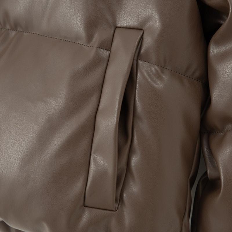 BITCED Autumn/Winter Cotton-Lined Leather Jacket for Women Stand-Up Collar Short-Length Warm Padded Coat