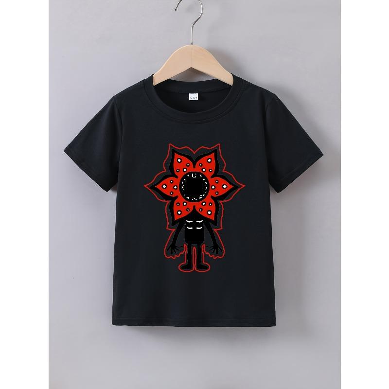

European sizes Kids Summer Comfort Monster Flower Cartoon Print T-Shirt | Boys Casual Crew Neck Top with Slight Stretch Fabric 152cm чорний