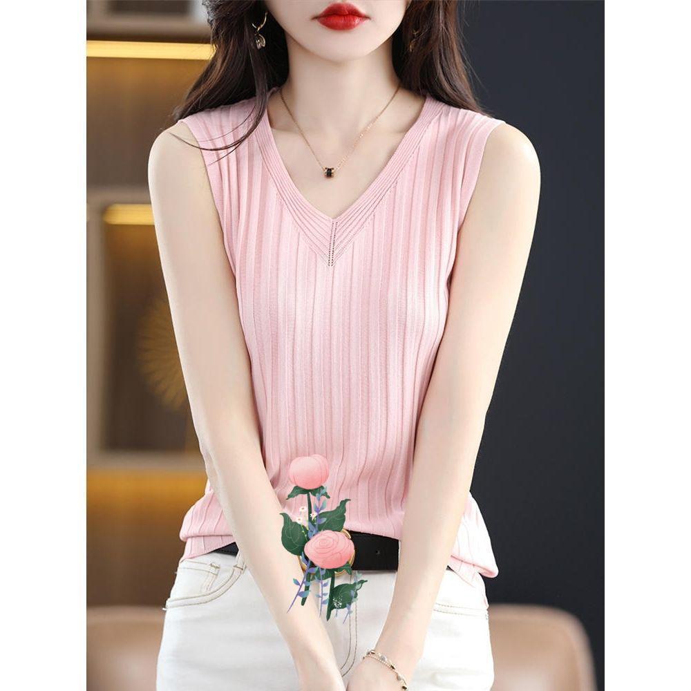 

Вязаная майка из ледяного шелка с воротником, женская новая летняя одежда с костюмом и базовым топом, тонкая футболка без рукавов XXL розовый