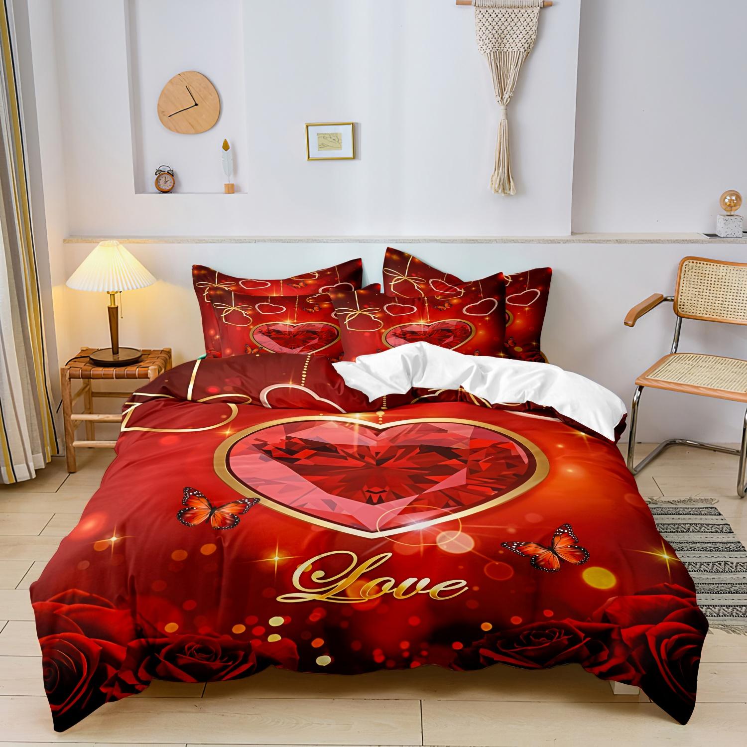 

3 Piece Valentine S Day Romantic Rose Flower Heart-Shaped Dolphin Bedding Duvet Cover Set All-Season Home Decor -135x200cm&set