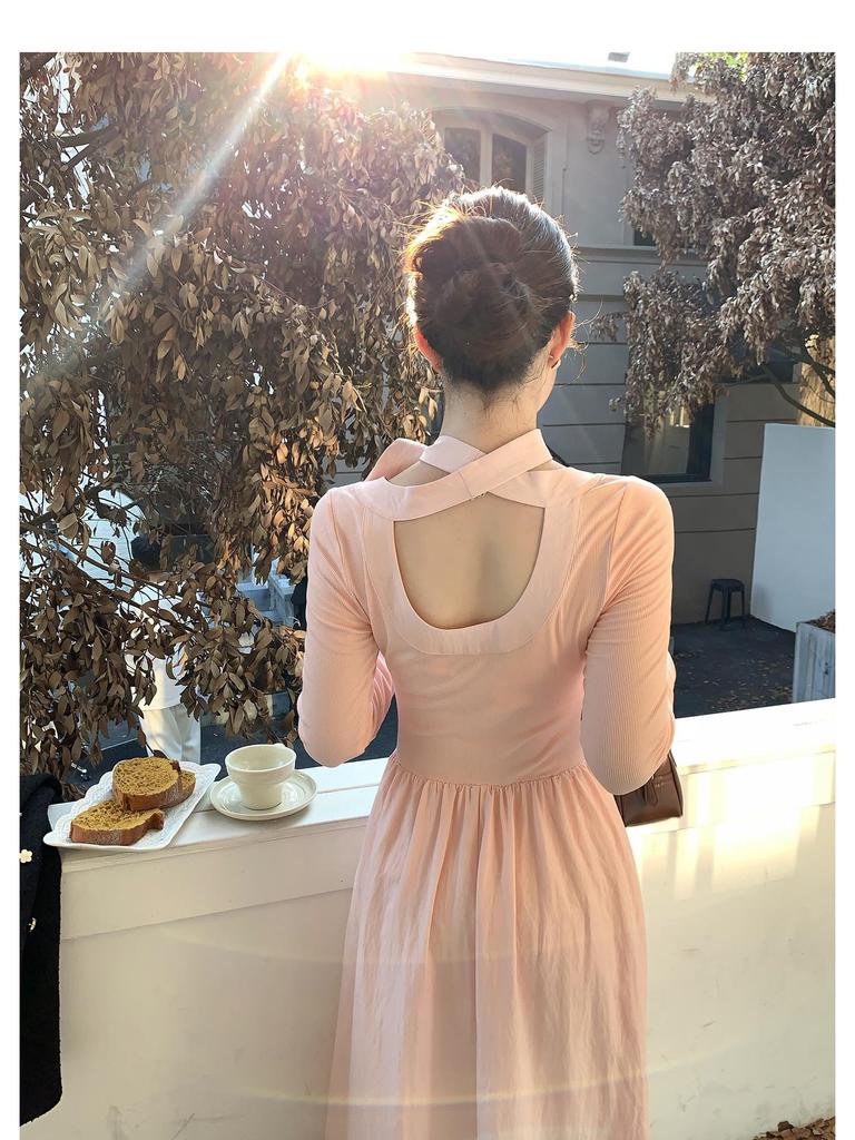 Elegantes koreanisches Herbst-Damen-Set: Kleid mit hohem Bund, Schleife und langen Ärmeln mit Nischen-Design-Gefühl