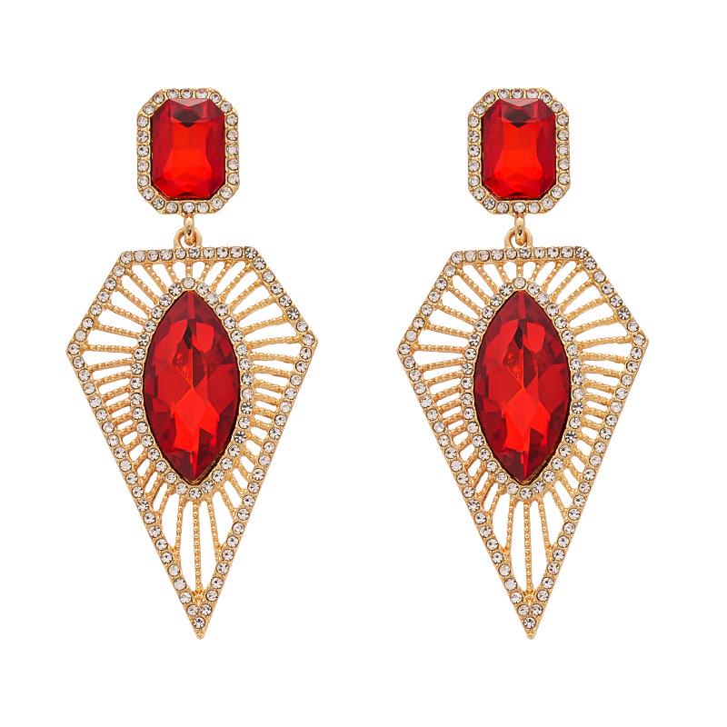 Retro Angkor Red Rhinestone Silver Geometric Earrings - Light Luxury High-End for Women