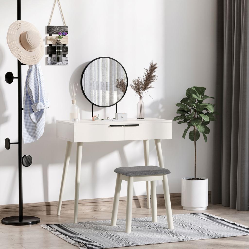 Modern Dressing Table with Round Mirror and Stool, Makeup Vanity Table with 2 Drawers for Bedroom, Living Room, 80 x 40 x 123 cm, White