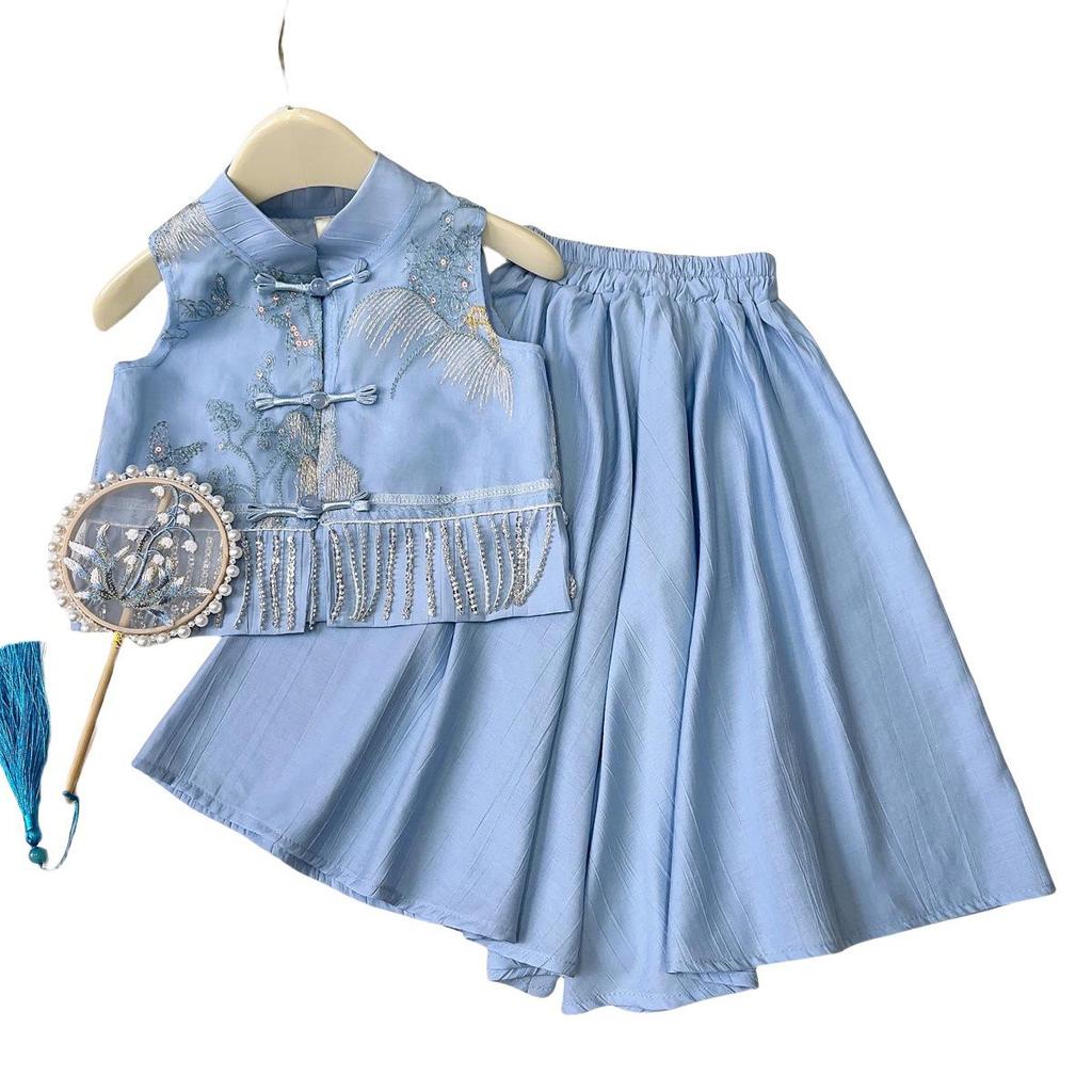 Girls' Summer Embroidered Tassel Vest & Long Pants Set