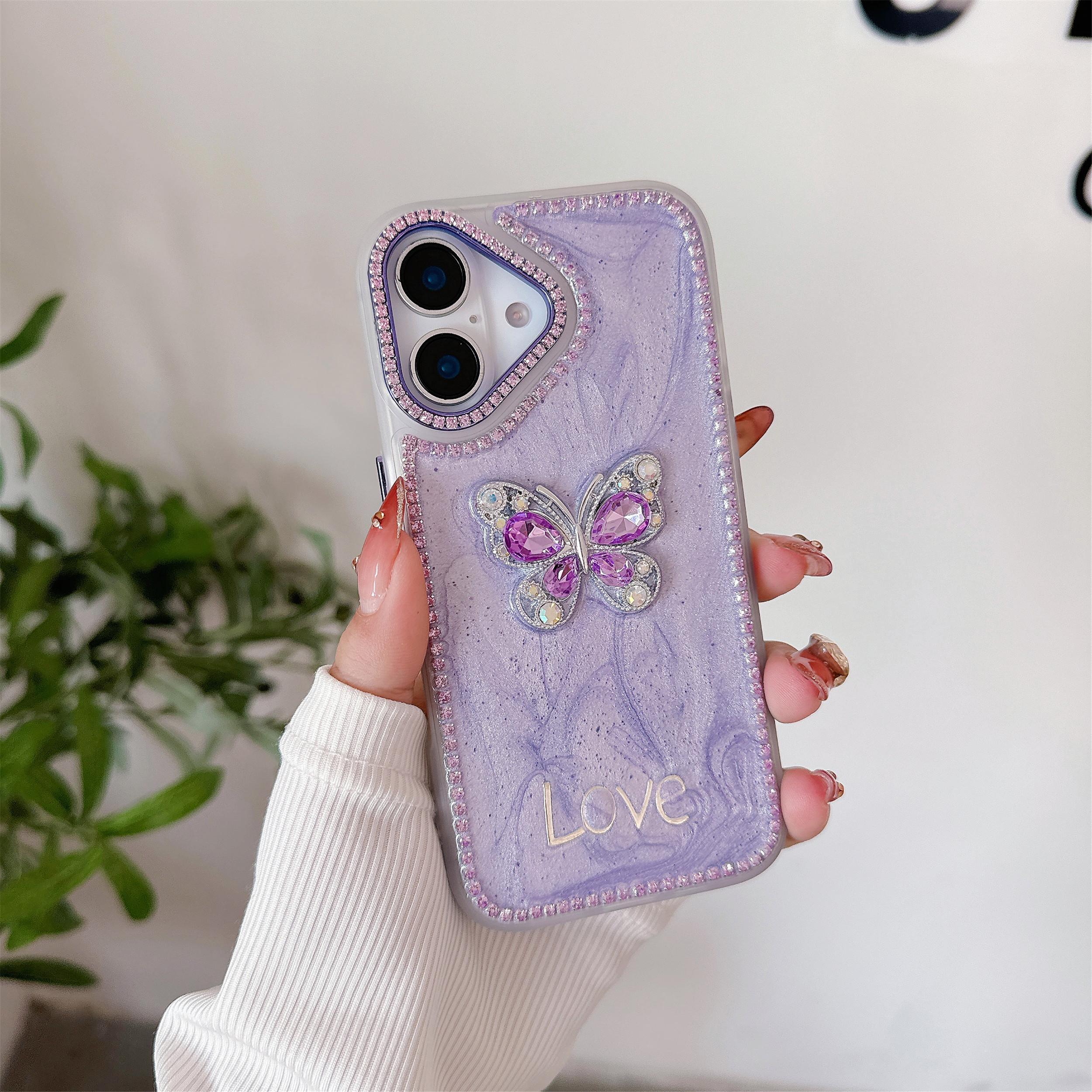 

For iPhone 16 Case Rhinestone Decor Butterfly Design TPU+PC Phone Back Cover White