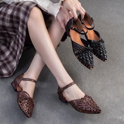 Sandali piatti retrò in vera pelle intrecciata a mano, traspiranti, con fibbia, scarpe da donna per il pendolarismo