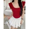 French square collar, fungus edge, curved hem, beautiful back, short sleeves, pure lust bow T-shirt, women's short midriff-baring top, summer