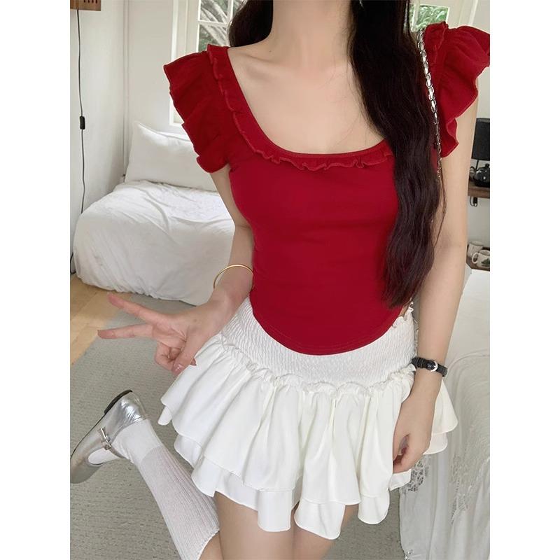 French square collar, fungus edge, curved hem, beautiful back, short sleeves, pure lust bow T-shirt, women's short midriff-baring top, summer
