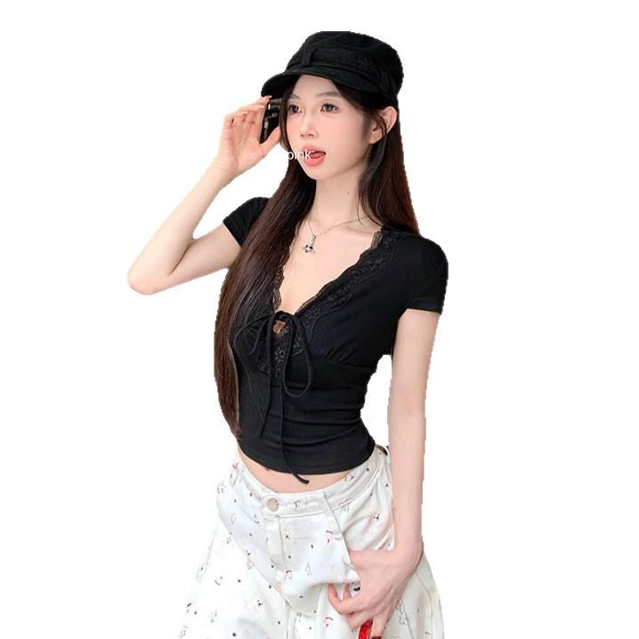 

Pure desire white lace v-neck short-sleeved T-shirt women s summer design sense lace-up slim short sweet spice top XL