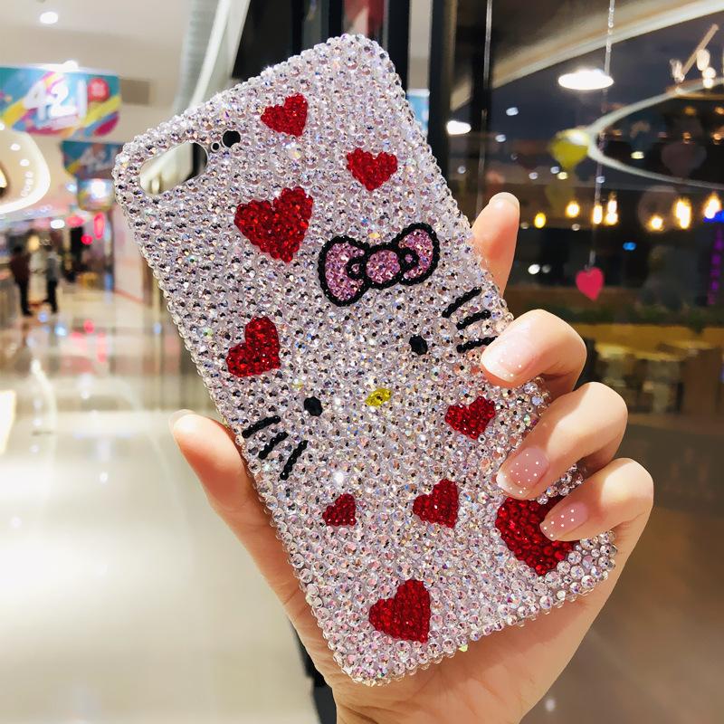 Cute KT Cat Full Diamond, Suitable for Apple 17ProMax Mobile Phone Case, Apple 16 Love Flash Diamond 15 Protective Case, Women's Model.