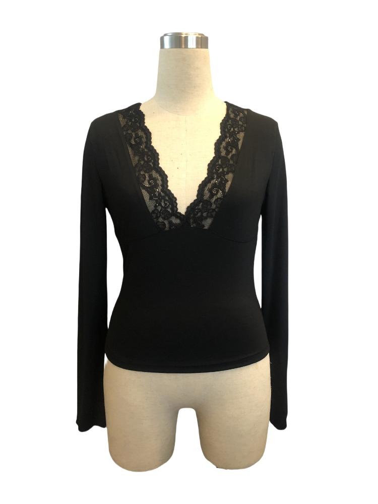 V-Neck Splicing Lace Floral Sexy Hotties Long Sleeve Slimming T-Shirt Versatile Closet Essential Fashion Items Shirt