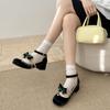 Fashion Vintage Cute Bow French Block Heel Shallow Single Shoes Summer Fashion Round Toe One Strap Versatile Non-Slip Mary Jane Shoes