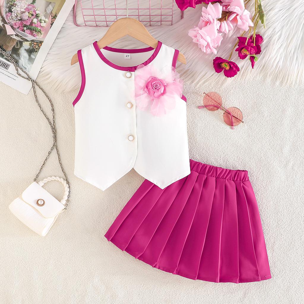 2PCS Girls Floral Applique Sleeveless Vest & Pleated Skirt Set, Casual Summer Two-Piece Outfit