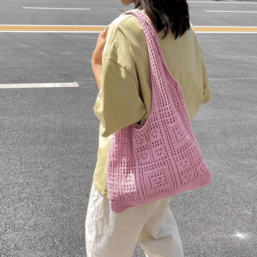 Solid Color Knitting Shoulder Bag Woven Hollow Crochet Mesh Bag Bohemian Style Large Capacity Shopping Handbag