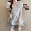 Women's White V-Neck Drawstring Puff Sleeve Peplum Hem Casual Blouse