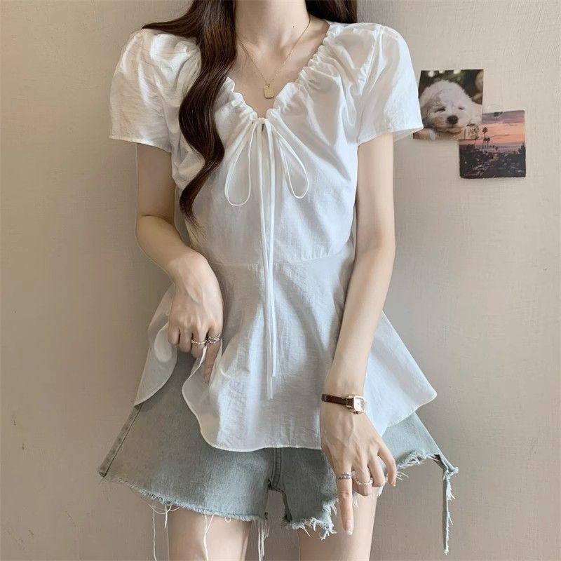 Women's White V-Neck Drawstring Puff Sleeve Peplum Hem Casual Blouse