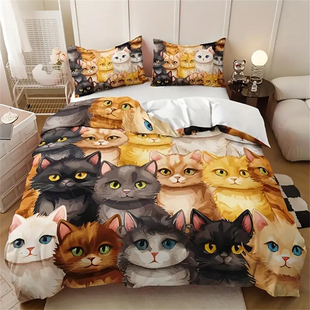 Cute Cartoon Kitten All Season Bedding Set, Soft Comfortable And Breathable Duvet Cover 1*Duvet Cover + 2*Pillowcase