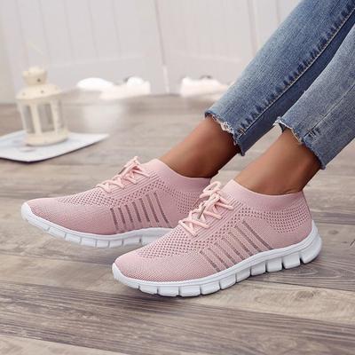 Lente en zomer vlieg-geweven mesh damesschoenen ademende sportschoenen diepe mond veters muffinzool casual hardlopen damesschoenen