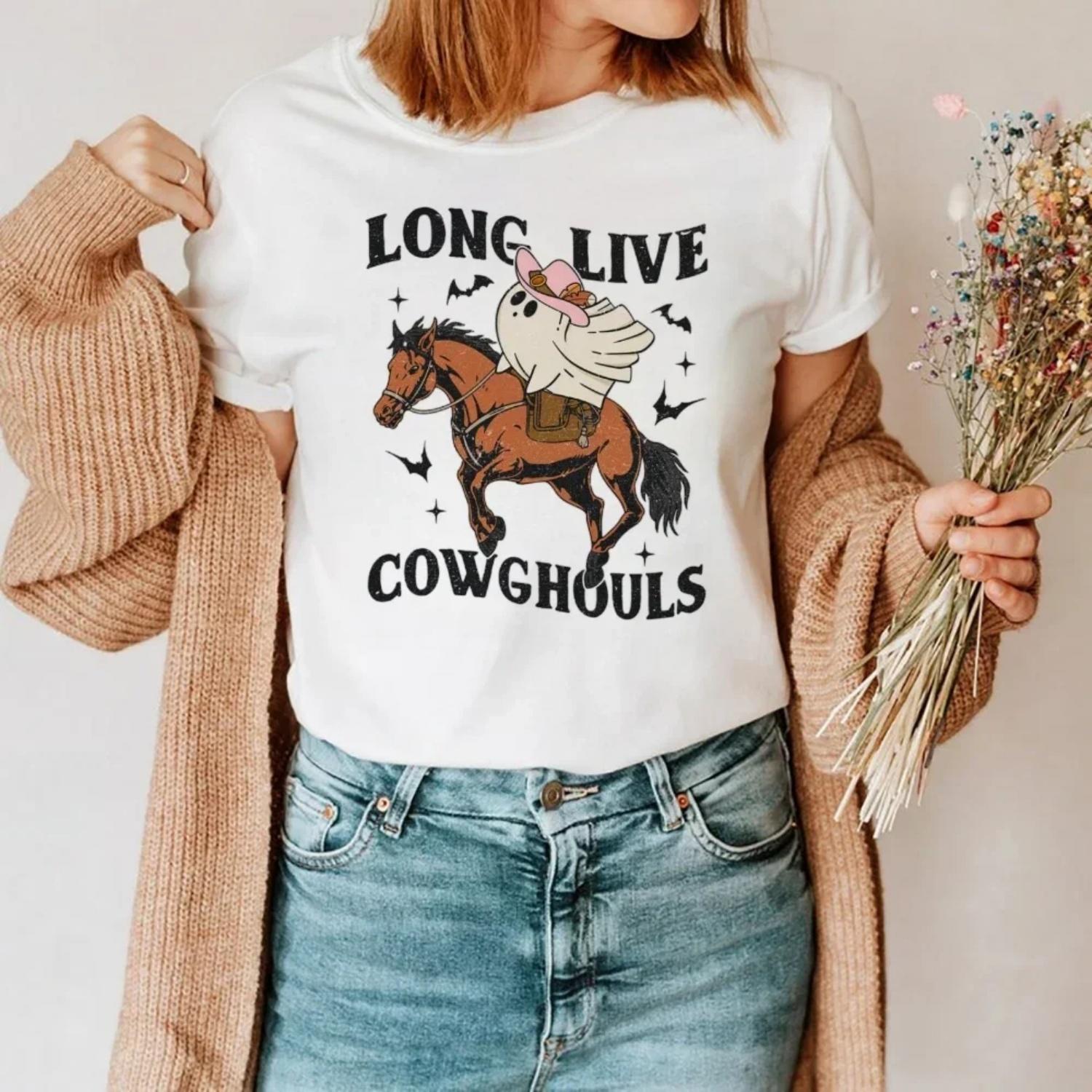 Clothing T-Shirt Autumn Cute Trendy Women s Printed O-Neck Top Casual Cartoon Ghost Printed Pattern Cartoon Horse Fashion T-Shir XXXXXL белый