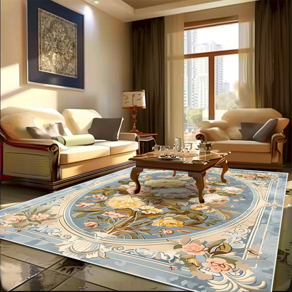 European Carpet Living Room Pastoral Flower Home Carpet Modern Light Luxury Style Bedroom Rug Non-slip Lounge Floor Mat Washable