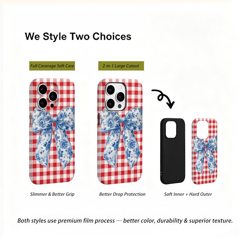 Classic Red Gingham Blue Floral Motif Bow Art Graphic Film Aesthetic Protective Shockproof Bumper Phone Case Cover For iPhone 14 15 16 Pro Max Plus