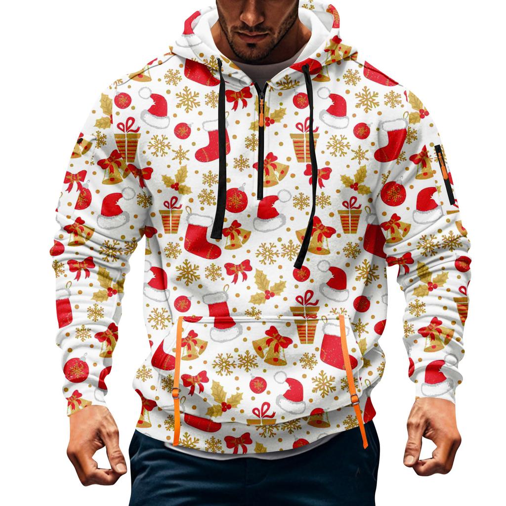 Sudadera deportiva casual de media cremallera con capucha y estampado navideño para hombre