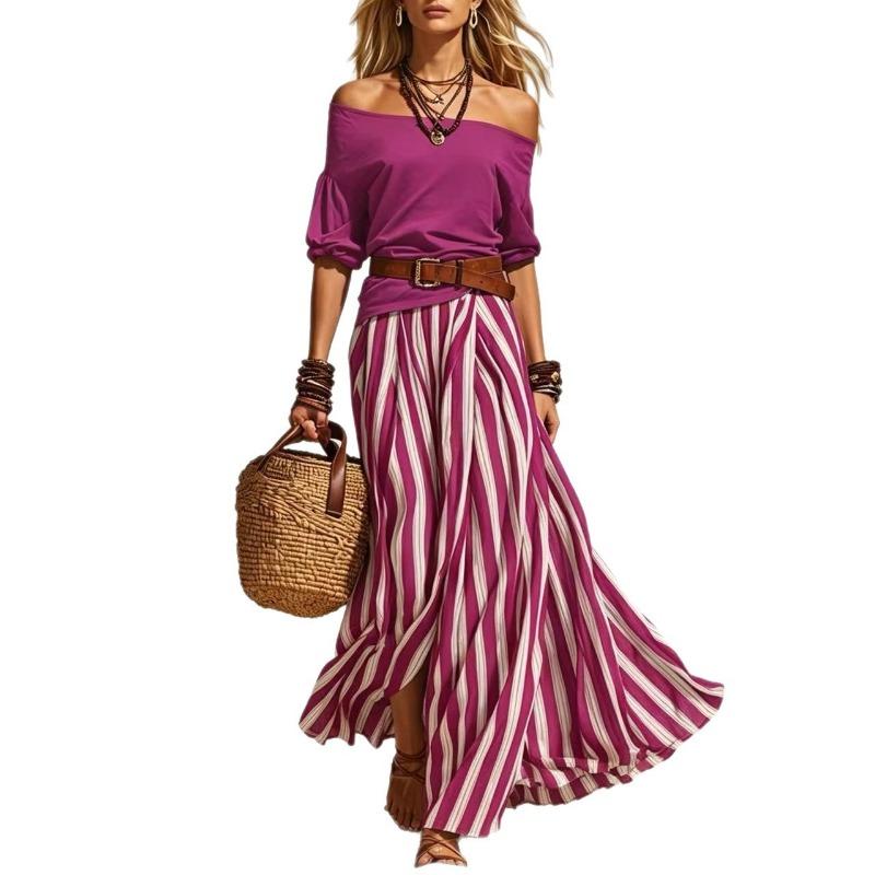 Conjunto Náutico para Vacaciones con Top de Hombros Descubiertos y Falda Larga con Abertura para Mujer