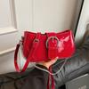 Red Patent Leather Crossbody Bag Women Chains Pendant Simple Single Shoulder Bags Korean Style Burgundy Square Messenger Pack