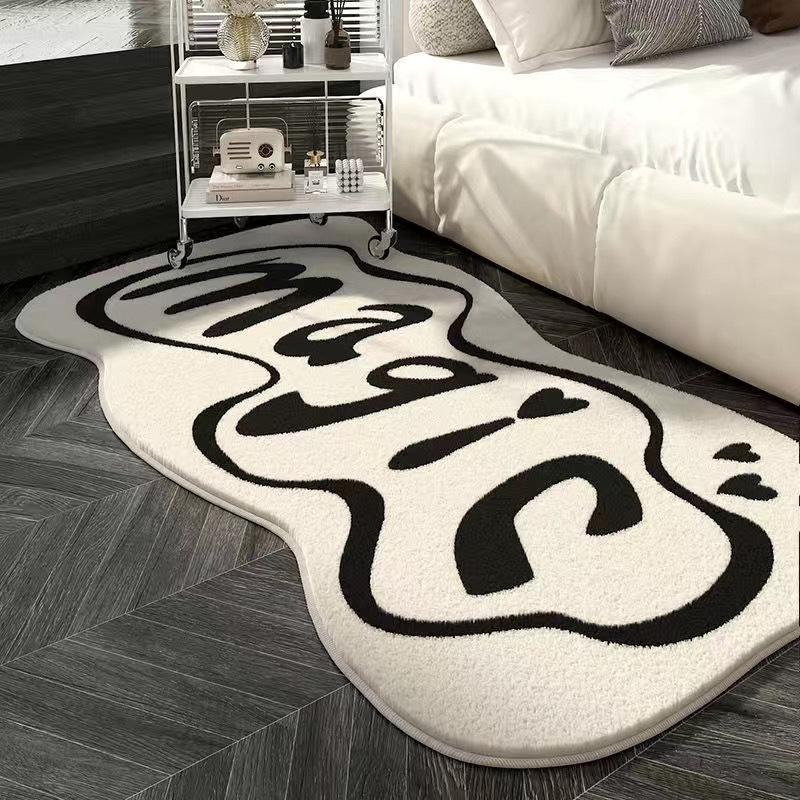 1PCS Cartoon Black White Faux Sheepskin Bedside Rug Non-Slip Sofa Carpet for Living Room Indoor Floor Mat Bedroom Study Balcony