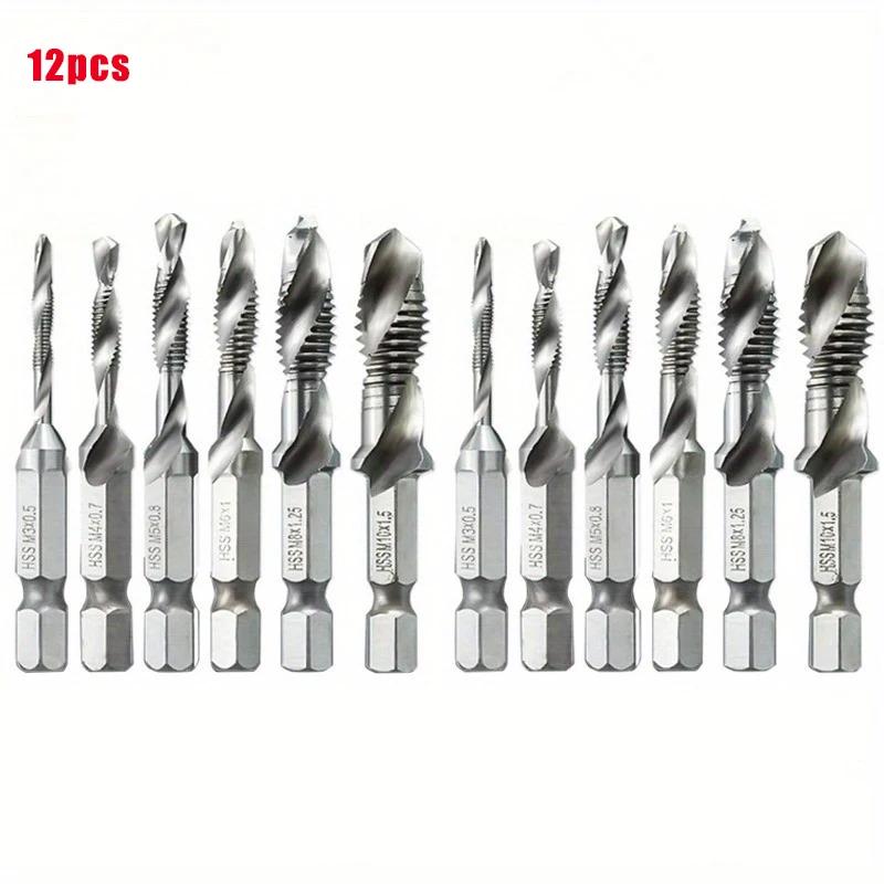 12pcs High-speed Steel Hexagonal Shank Tap Set - Multi Size M3-M10 Spiral Groove Tap Drill Bit for Precise Drilling and Tapping