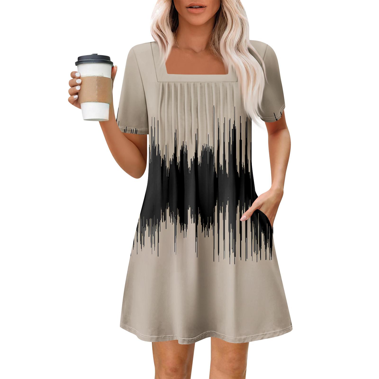 

Женские летние повседневные платья с квадратным вырезом, плиссировкой спереди и карманом, с короткими рукавами и принтом XXXL чёрный