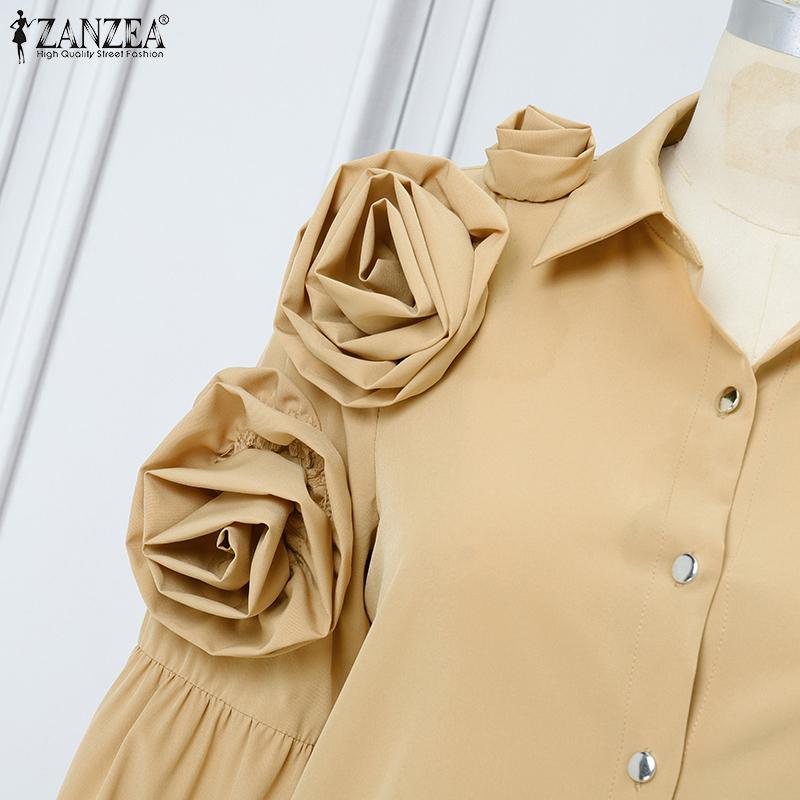 ZANZEA Women Turn Down Collar Casual 3D Flowers Splice Long Sleeve Blouse