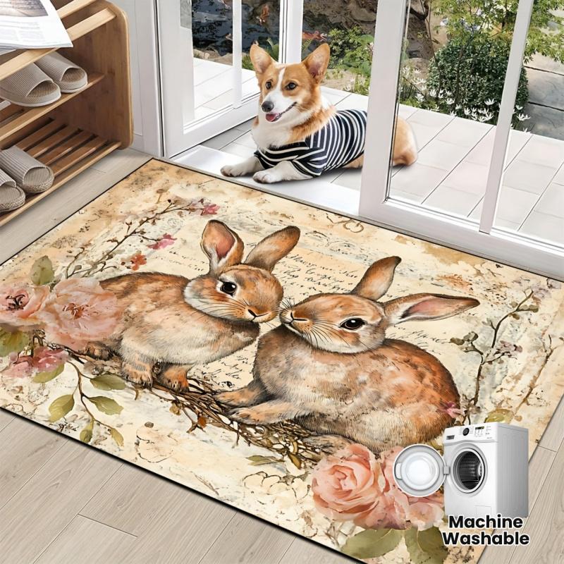 VIKAMA Vintage Rabbit Floral Doormat Front Door Non-Slip Welcome Mat Bedroom & Kitchen Rug Easter Home Decor