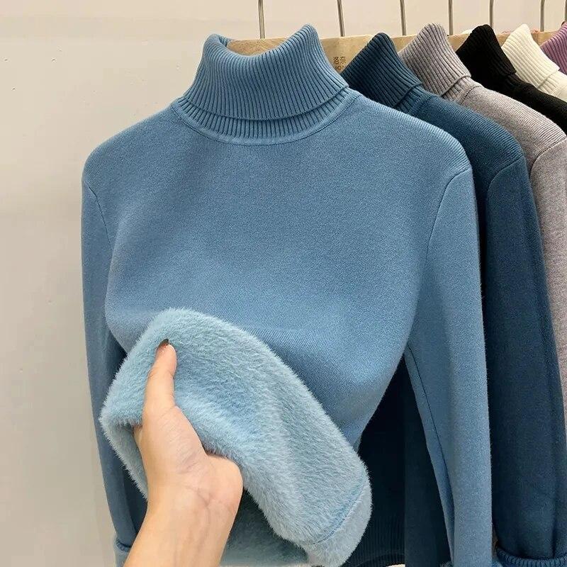 Winter Vintage Warm Thicken Sweater Women Korean Fashion Elegant Knitted Bottoming Shirt Female Solid Knitwear Casual Slim Tops 2026 New