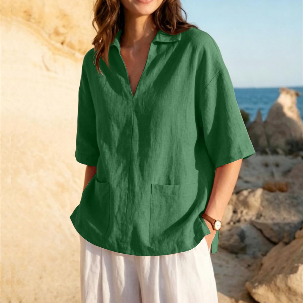 Women's V Neck Linen Cotton Blend Loose Fit Shirt Half Sleeve Casual Blouse with Front Pockets Lightweight Breathable Fabric