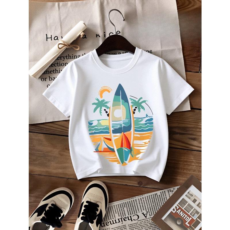 Kids Crewneck T-Shirt, Surfboard Palm Tree Sunset Beach Wave Print 110