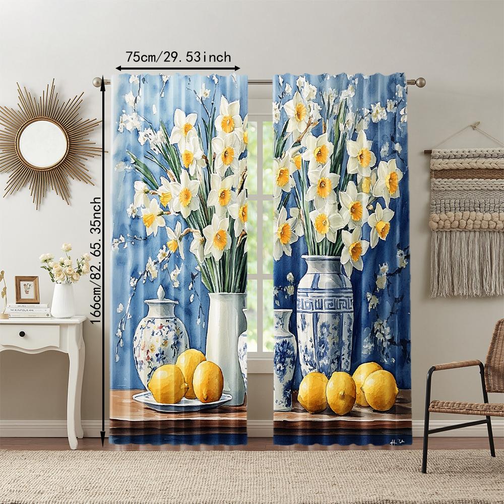2 Pcs   Versatile Polyester Transparent Curtains for Home Decoration Lemon Still Life with Elegant Vases for Use In Bedrooms and