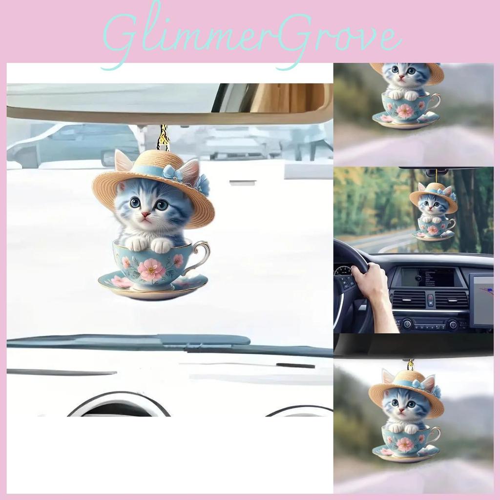 Cute Cartoon Cat Acrylic Flat Tea Cup Car Decoration Pendant For Interior Charm