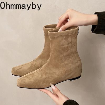 Autumn Suede Internal Elevation Women Ankle Boots Comfort Square Toe Shoes Modern Short Botas Para Mujer