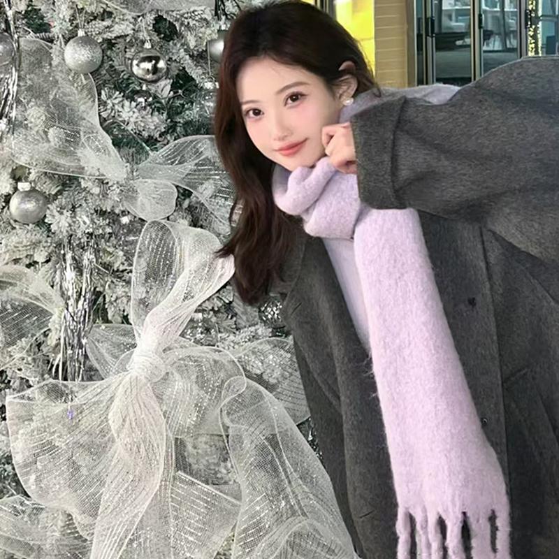 Zimowy szalik dla kobiet kaszmirowy ciepły jednolity kolor chustka damska gruby miękki frędzel puszysty długi wąski szaliki